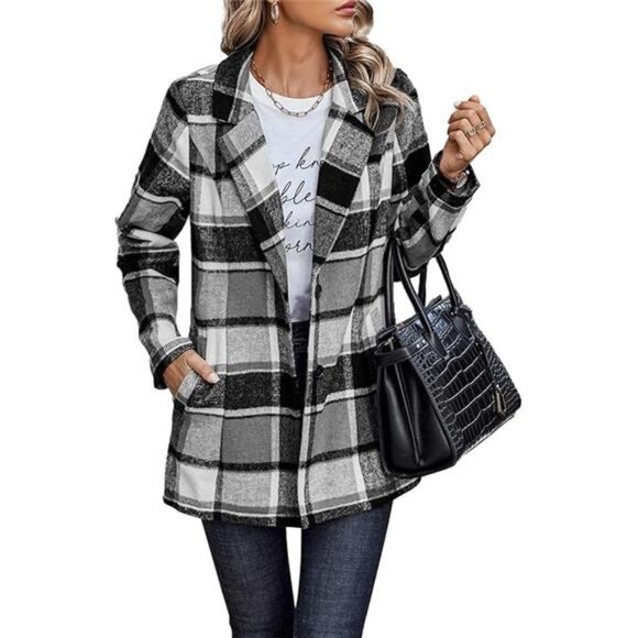 2024 Plaid Shacket Jacket Casual Button Wool Blend Winter Tartan Trench Coat - Picture 7 of 7